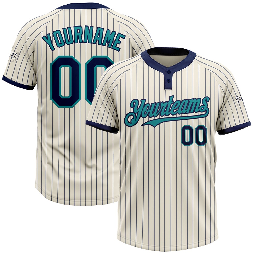 Cream Navy Pinstripe Teal Two Button Unisex Softball Jersey, Custom Team Softball Jersey
