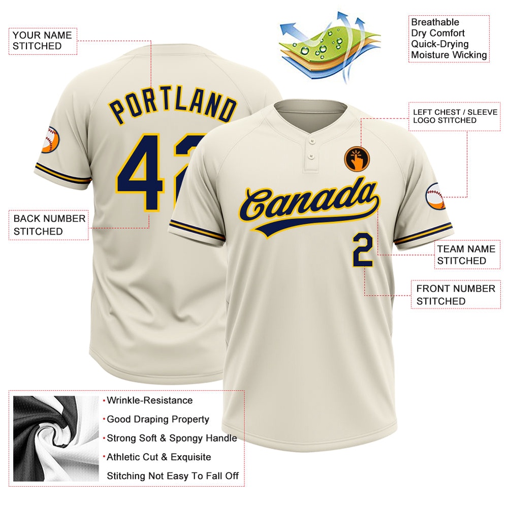Cream Navy Yellow Two Button Unisex Softball Jersey, Custom Team Softball Jersey Cream Navy Yellow Two Button Unisex Softball Jersey, Custom Team Softball Jersey