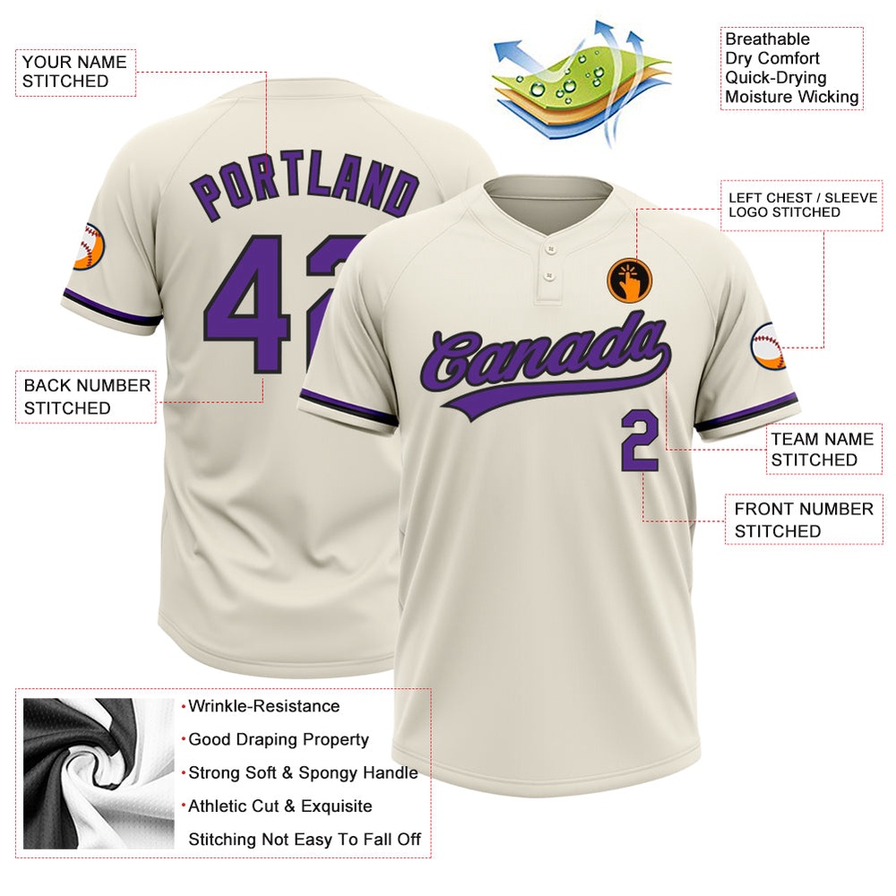 Cream Purple Black Two Button Unisex Softball Jersey, Custom Team Softball Jersey