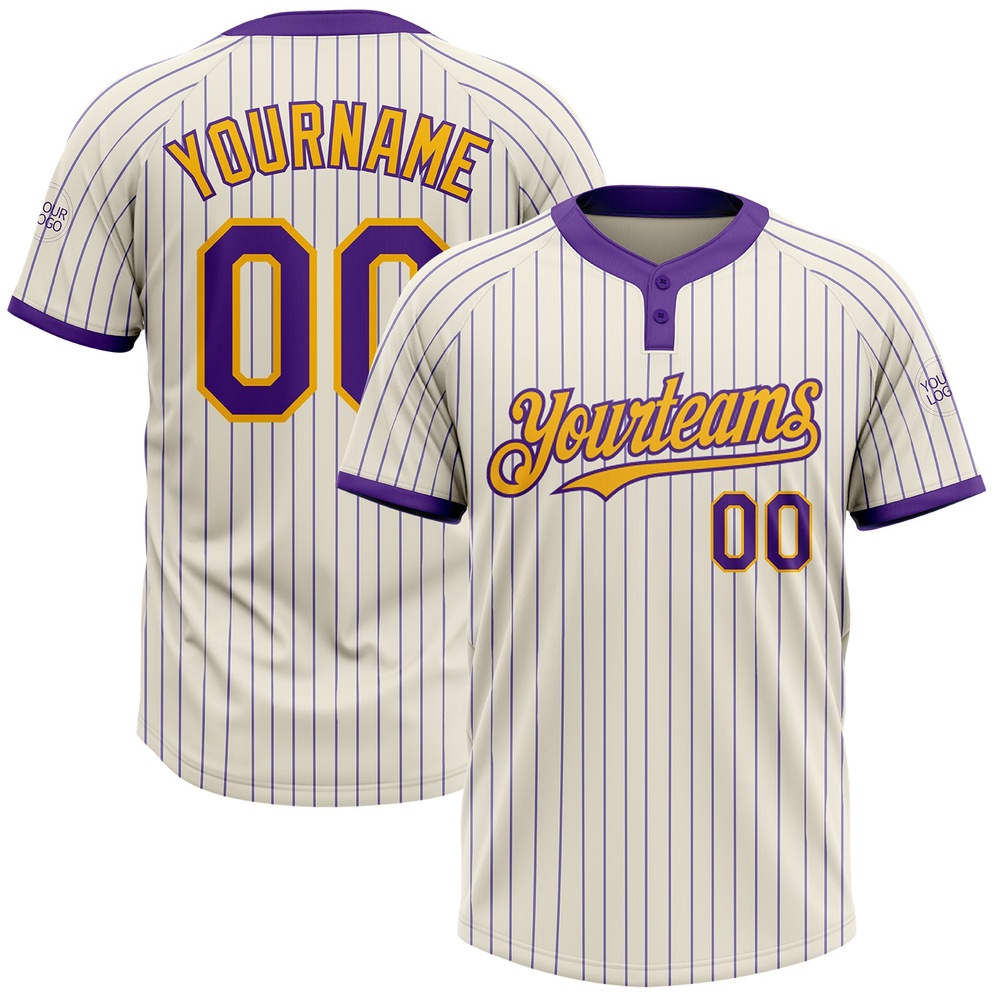 Cream Purple Pinstripe Gold Two Button Unisex Softball Jersey, Custom Team Softball Jersey