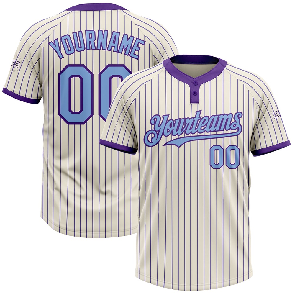 Cream Purple Pinstripe Light Blue Two Button Unisex Softball Jersey, Custom Team Softball Jersey Cream Purple Pinstripe Light Blue Two Button Unisex Softball Jersey, Custom Team Softball Jersey