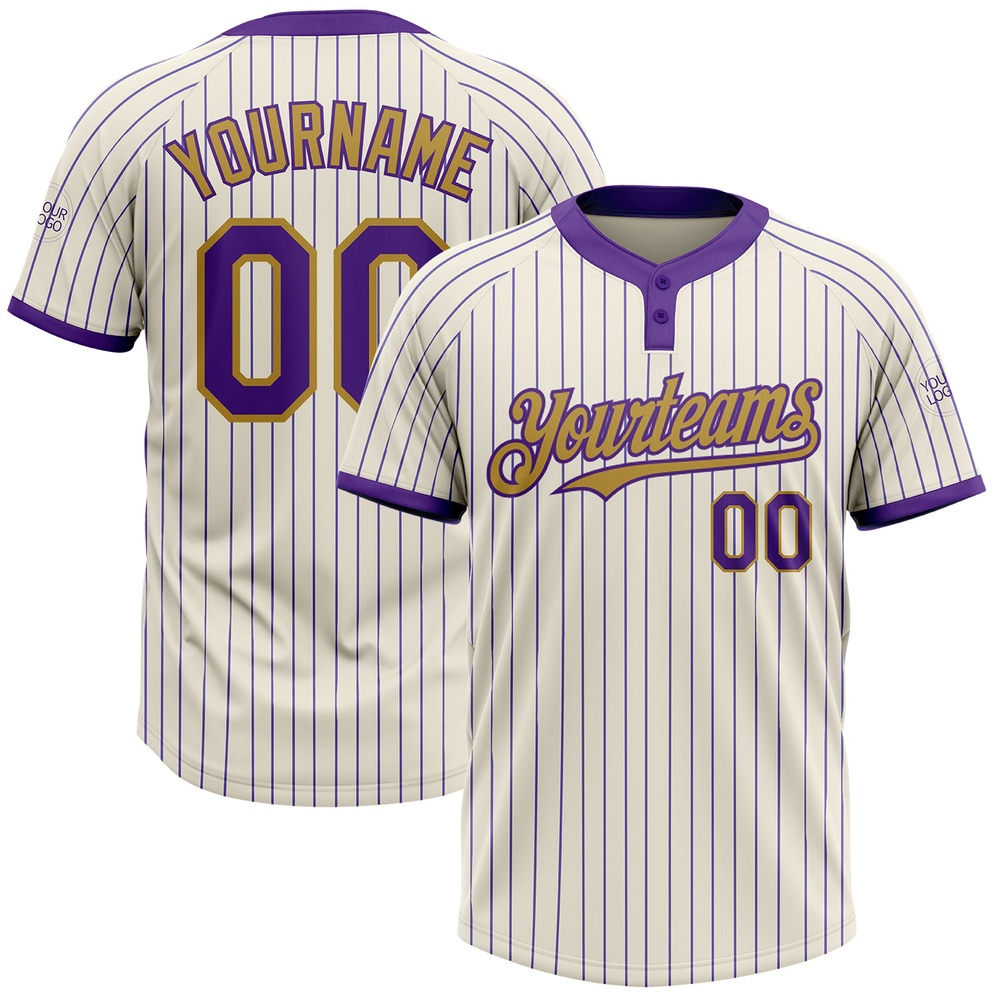 Cream Purple Pinstripe Old Gold Two Button Unisex Softball Jersey, Custom Team Softball Jersey