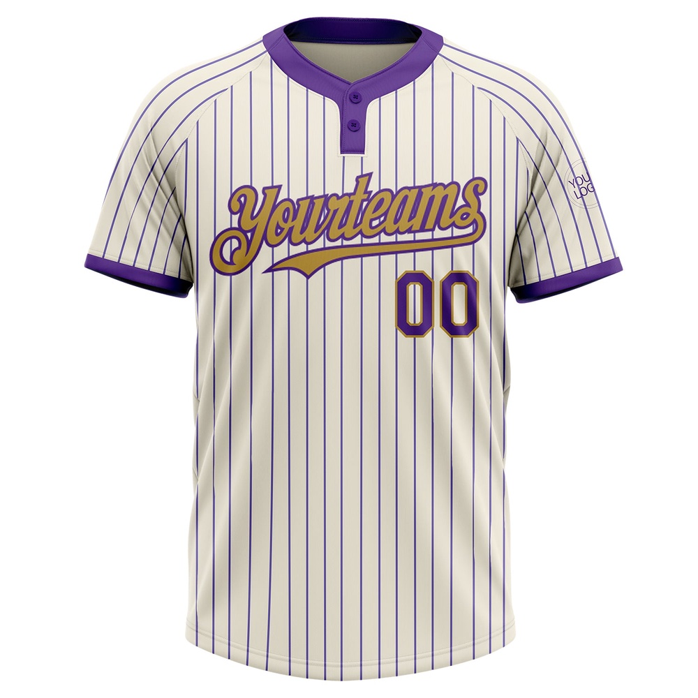 Cream Purple Pinstripe Old Gold Two Button Unisex Softball Jersey, Custom Team Softball Jersey
