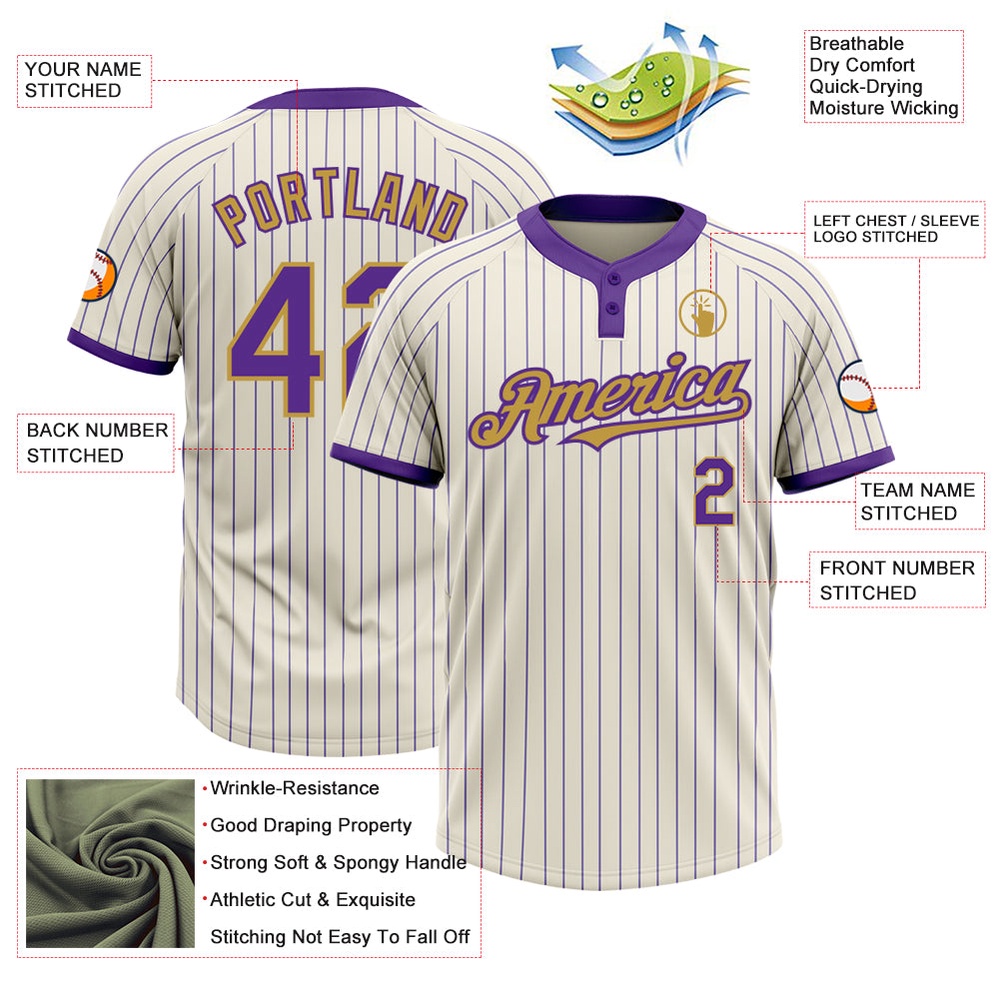 Cream Purple Pinstripe Old Gold Two Button Unisex Softball Jersey, Custom Team Softball Jersey