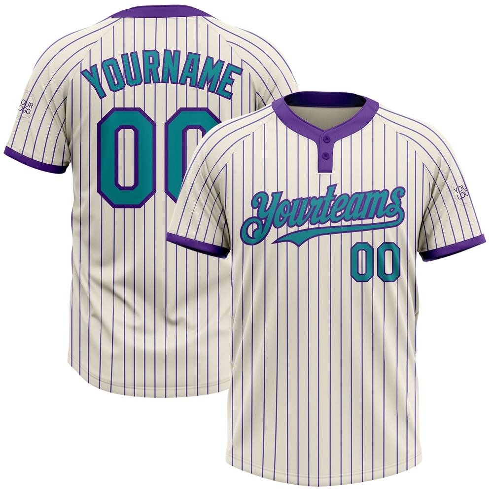 Cream Purple Pinstripe Teal Two Button Unisex Softball Jersey, Custom Team Softball Jersey Cream Purple Pinstripe Teal Two Button Unisex Softball Jersey, Custom Team Softball Jersey