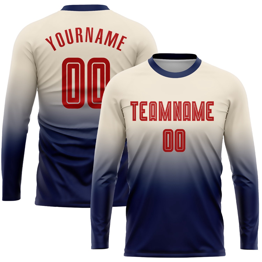 Cream Red Navy Sublimation Long Sleeve Fade Fashion Soccer Uniform Jersey, Custom Team Soccer Jersey Shirt Cream Red Navy Sublimation Long Sleeve Fade Fashion Soccer Uniform Jersey, Custom Team Soccer Jersey Shirt