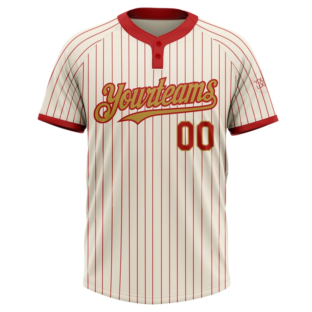 Cream Red Pinstripe Old Gold Two Button Unisex Softball Jersey, Custom Team Softball Jersey