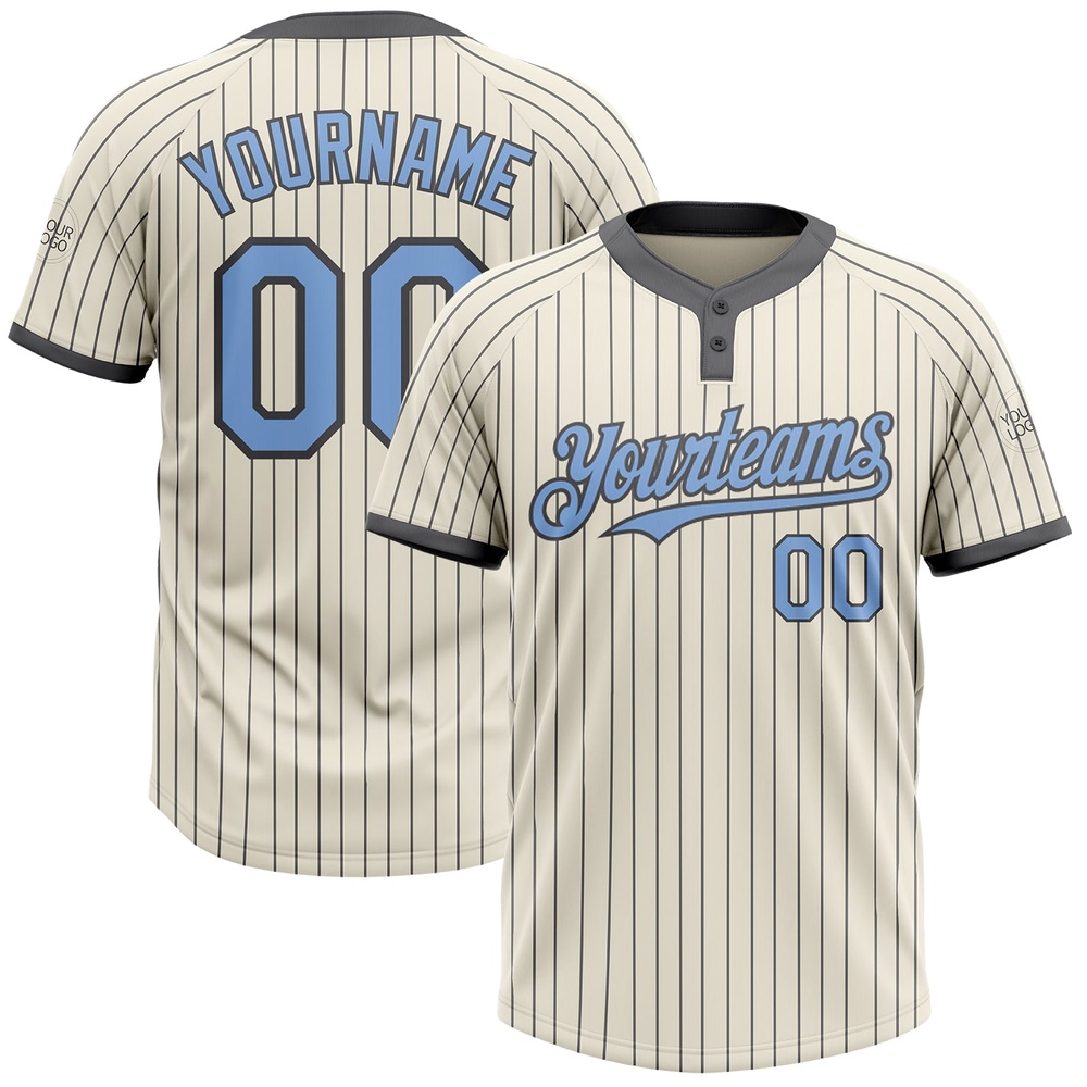 Cream Steel Gray Pinstripe Light Blue Two Button Unisex Softball Jersey, Custom Team Softball Jersey