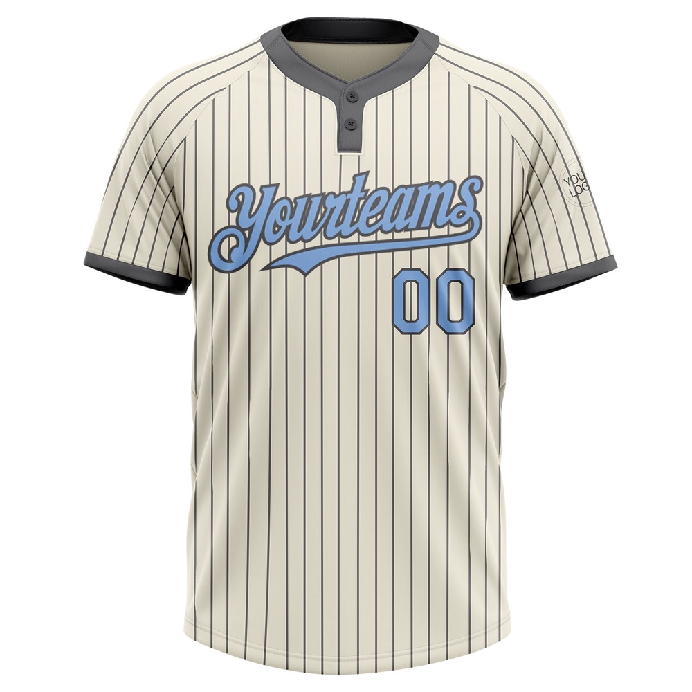 Cream Steel Gray Pinstripe Light Blue Two Button Unisex Softball Jersey, Custom Team Softball Jersey