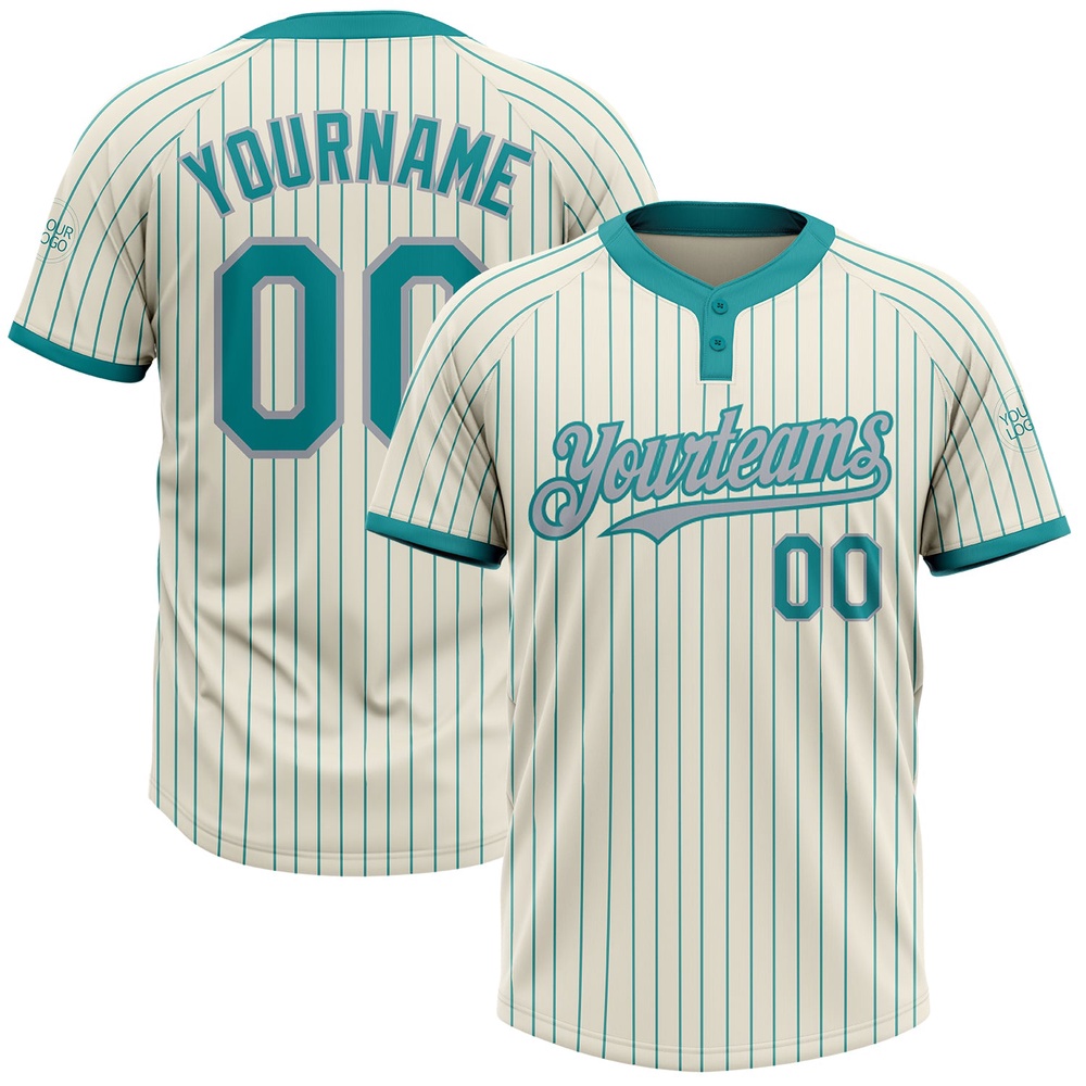 Cream Teal Pinstripe Gray Two Button Unisex Softball Jersey, Custom Team Softball Jersey Cream Teal Pinstripe Gray Two Button Unisex Softball Jersey, Custom Team Softball Jersey