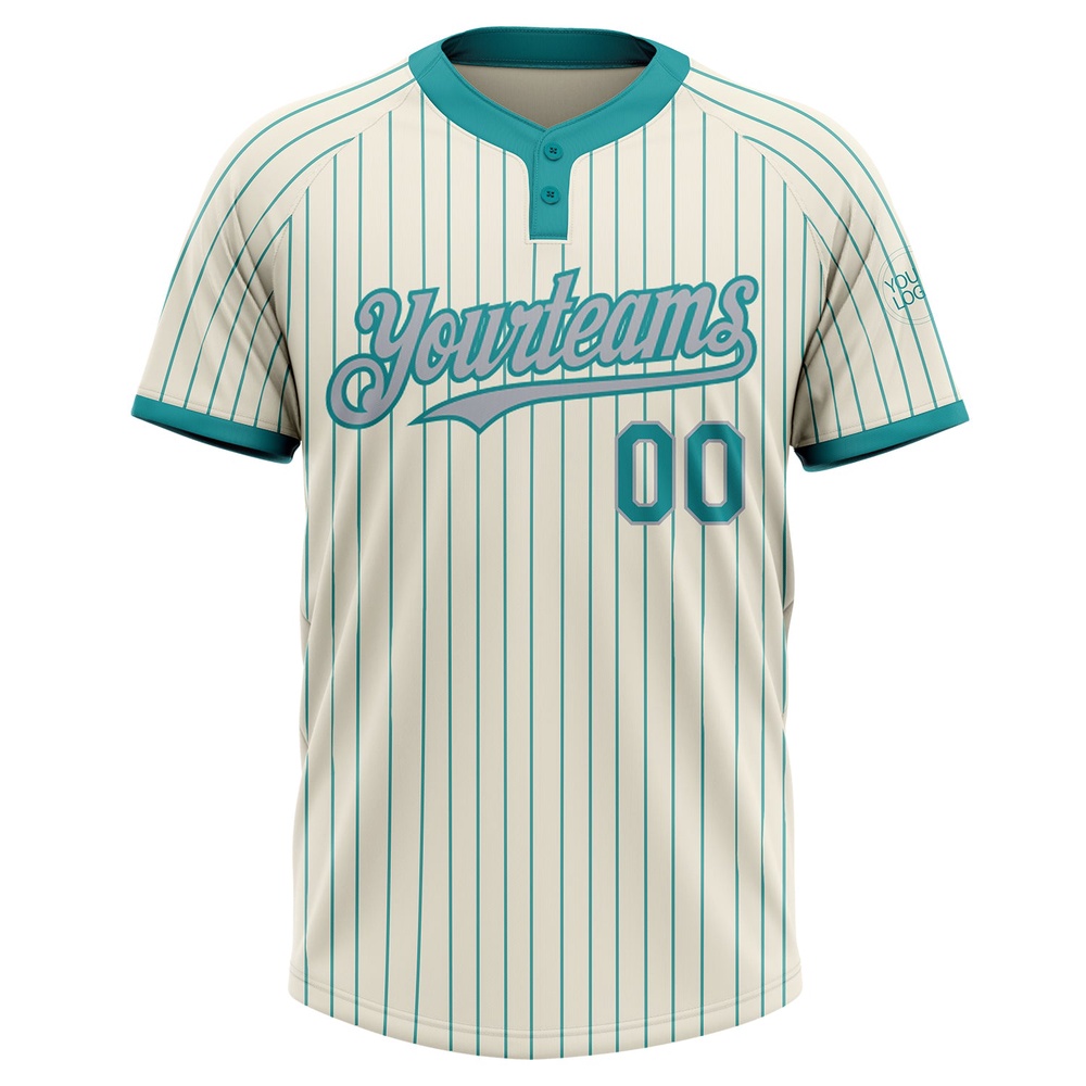 Cream Teal Pinstripe Gray Two Button Unisex Softball Jersey, Custom Team Softball Jersey Cream Teal Pinstripe Gray Two Button Unisex Softball Jersey, Custom Team Softball Jersey