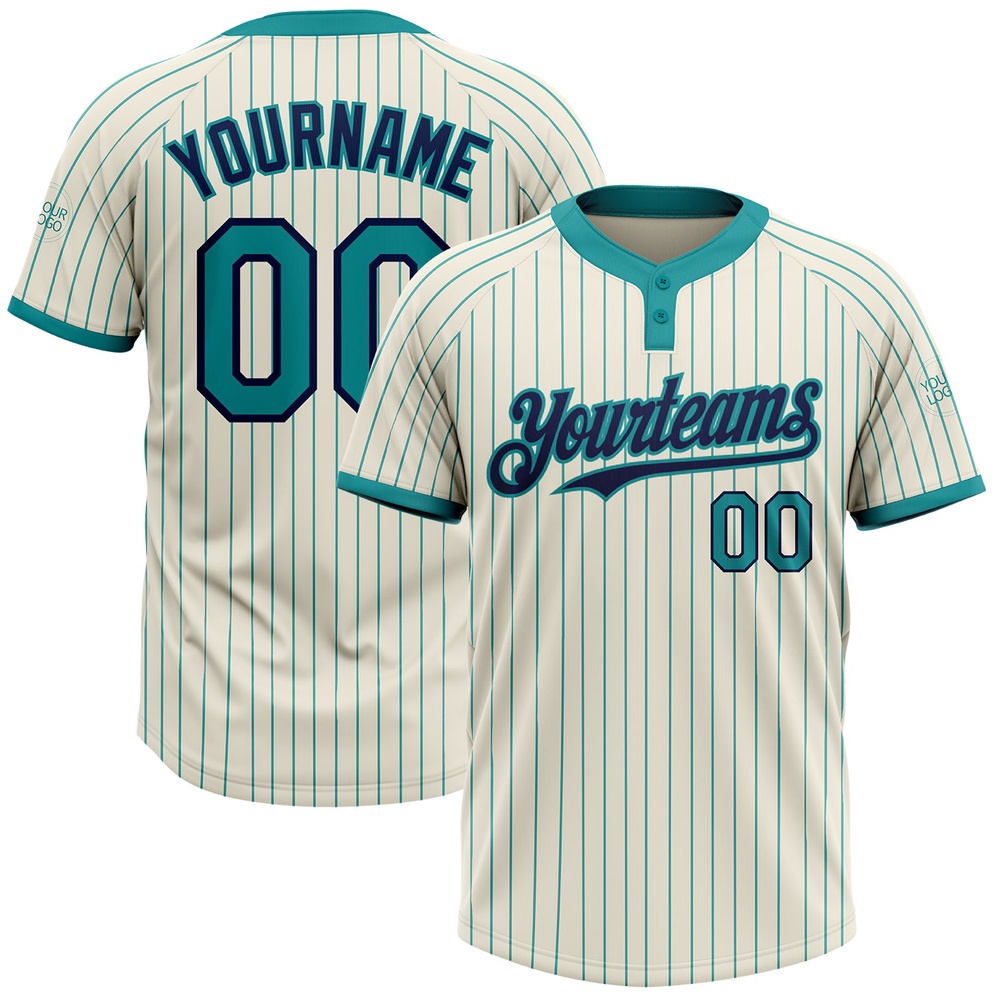 Cream Teal Pinstripe Navy Two Button Unisex Softball Jersey, Custom Team Softball Jersey Cream Teal Pinstripe Navy Two Button Unisex Softball Jersey, Custom Team Softball Jersey