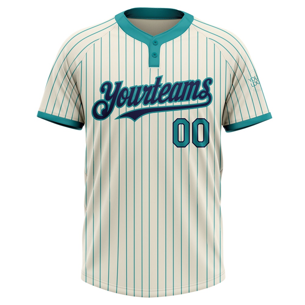 Cream Teal Pinstripe Navy Two Button Unisex Softball Jersey, Custom Team Softball Jersey Cream Teal Pinstripe Navy Two Button Unisex Softball Jersey, Custom Team Softball Jersey