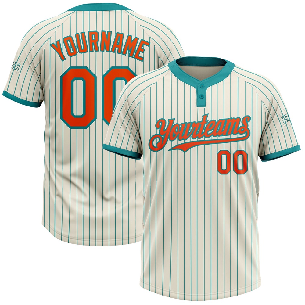 Cream Teal Pinstripe Orange Two Button Unisex Softball Jersey, Custom Team Softball Jersey Cream Teal Pinstripe Orange Two Button Unisex Softball Jersey, Custom Team Softball Jersey