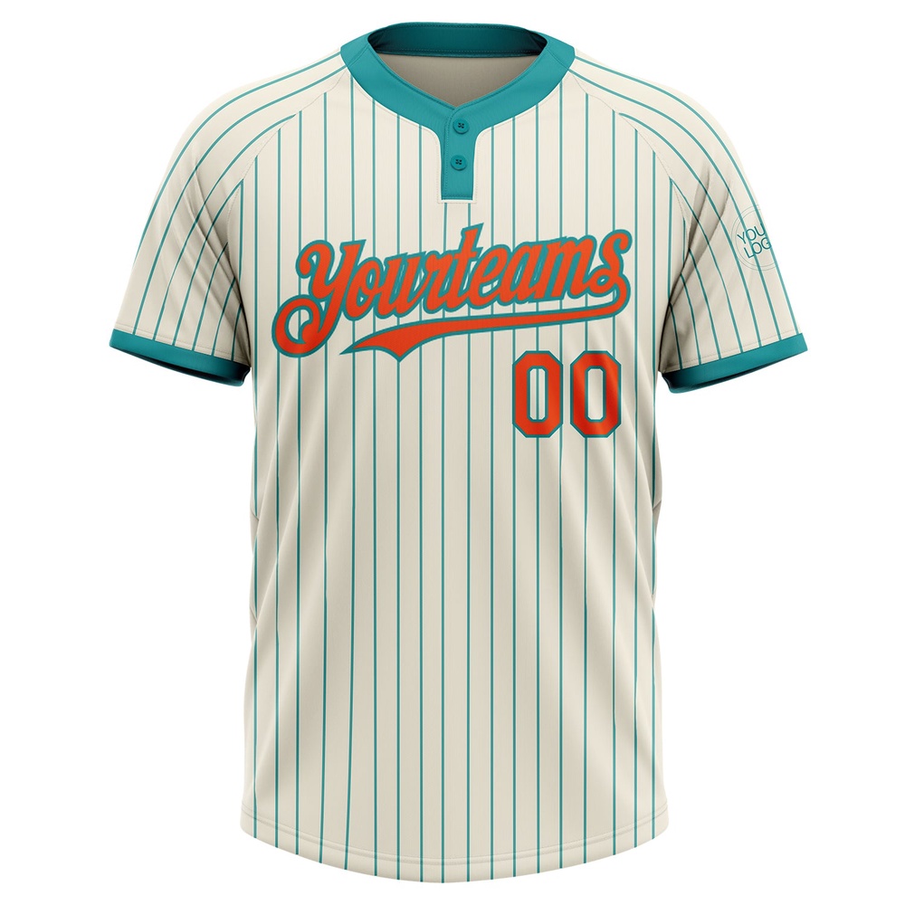 Cream Teal Pinstripe Orange Two Button Unisex Softball Jersey, Custom Team Softball Jersey Cream Teal Pinstripe Orange Two Button Unisex Softball Jersey, Custom Team Softball Jersey