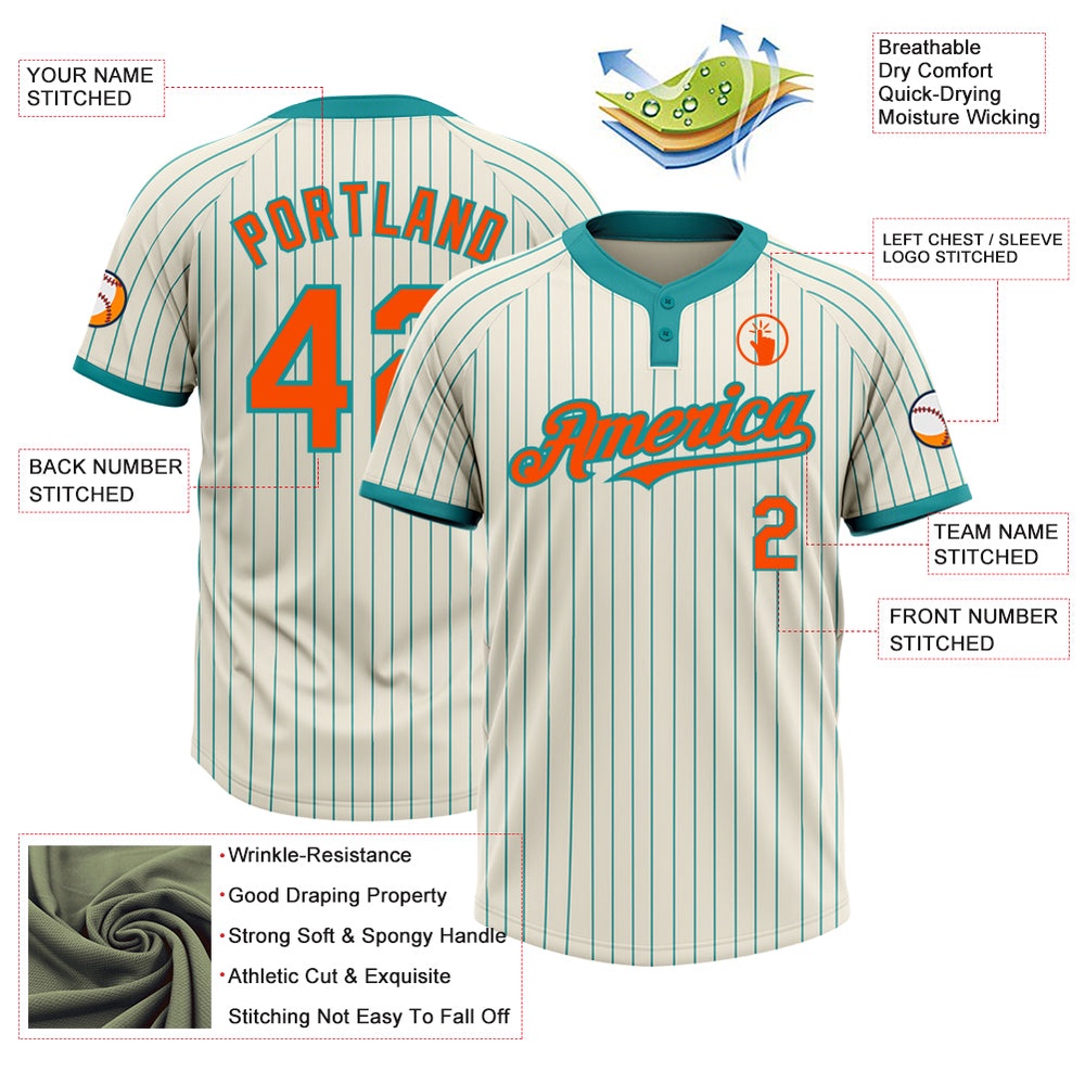 Cream Teal Pinstripe Orange Two Button Unisex Softball Jersey, Custom Team Softball Jersey Cream Teal Pinstripe Orange Two Button Unisex Softball Jersey, Custom Team Softball Jersey