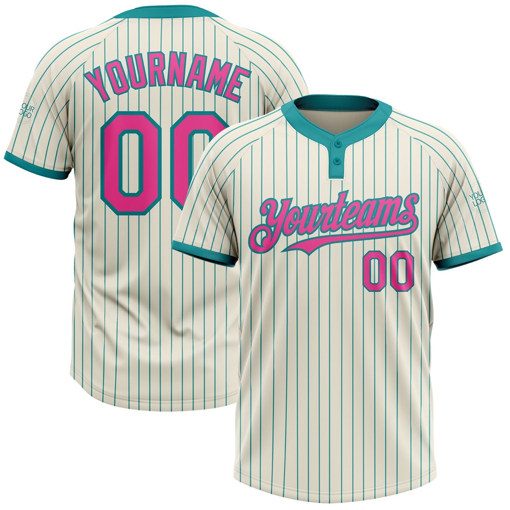 Cream Teal Pinstripe Pink Two Button Unisex Softball Jersey, Custom Team Softball Jersey Cream Teal Pinstripe Pink Two Button Unisex Softball Jersey, Custom Team Softball Jersey