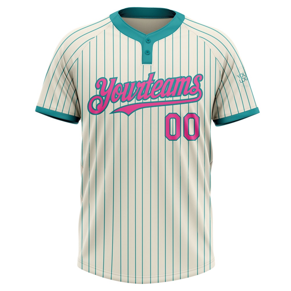 Cream Teal Pinstripe Pink Two Button Unisex Softball Jersey, Custom Team Softball Jersey Cream Teal Pinstripe Pink Two Button Unisex Softball Jersey, Custom Team Softball Jersey