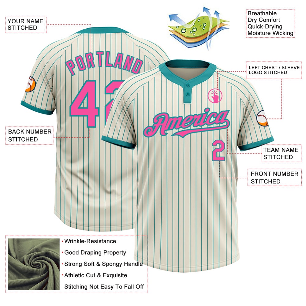 Cream Teal Pinstripe Pink Two Button Unisex Softball Jersey, Custom Team Softball Jersey Cream Teal Pinstripe Pink Two Button Unisex Softball Jersey, Custom Team Softball Jersey