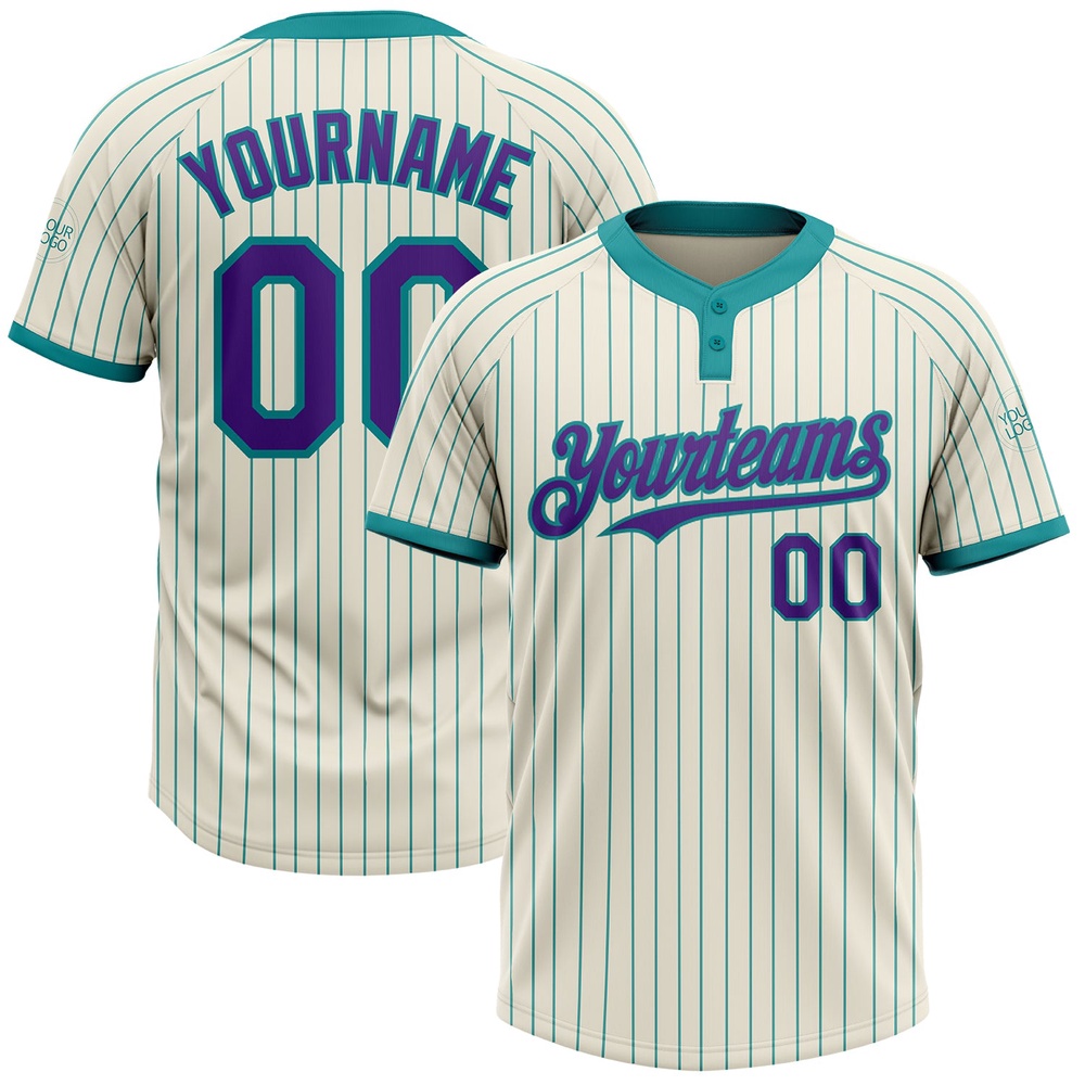 Cream Teal Pinstripe Purple Two Button Unisex Softball Jersey, Custom Team Softball Jersey Cream Teal Pinstripe Purple Two Button Unisex Softball Jersey, Custom Team Softball Jersey