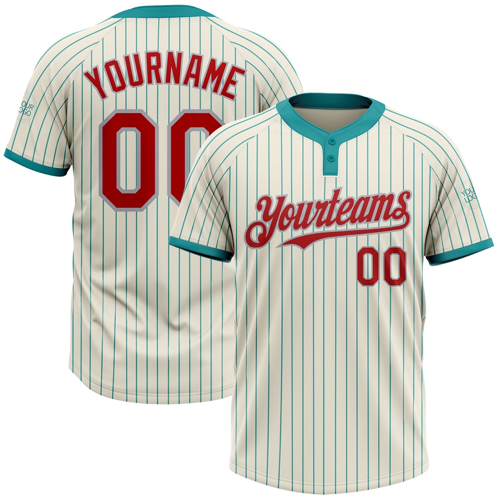 Cream Teal Pinstripe Red Gray Two Button Unisex Softball Jersey, Custom Team Softball Jersey Cream Teal Pinstripe Red Gray Two Button Unisex Softball Jersey, Custom Team Softball Jersey
