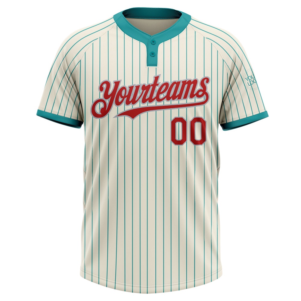 Cream Teal Pinstripe Red Gray Two Button Unisex Softball Jersey, Custom Team Softball Jersey Cream Teal Pinstripe Red Gray Two Button Unisex Softball Jersey, Custom Team Softball Jersey