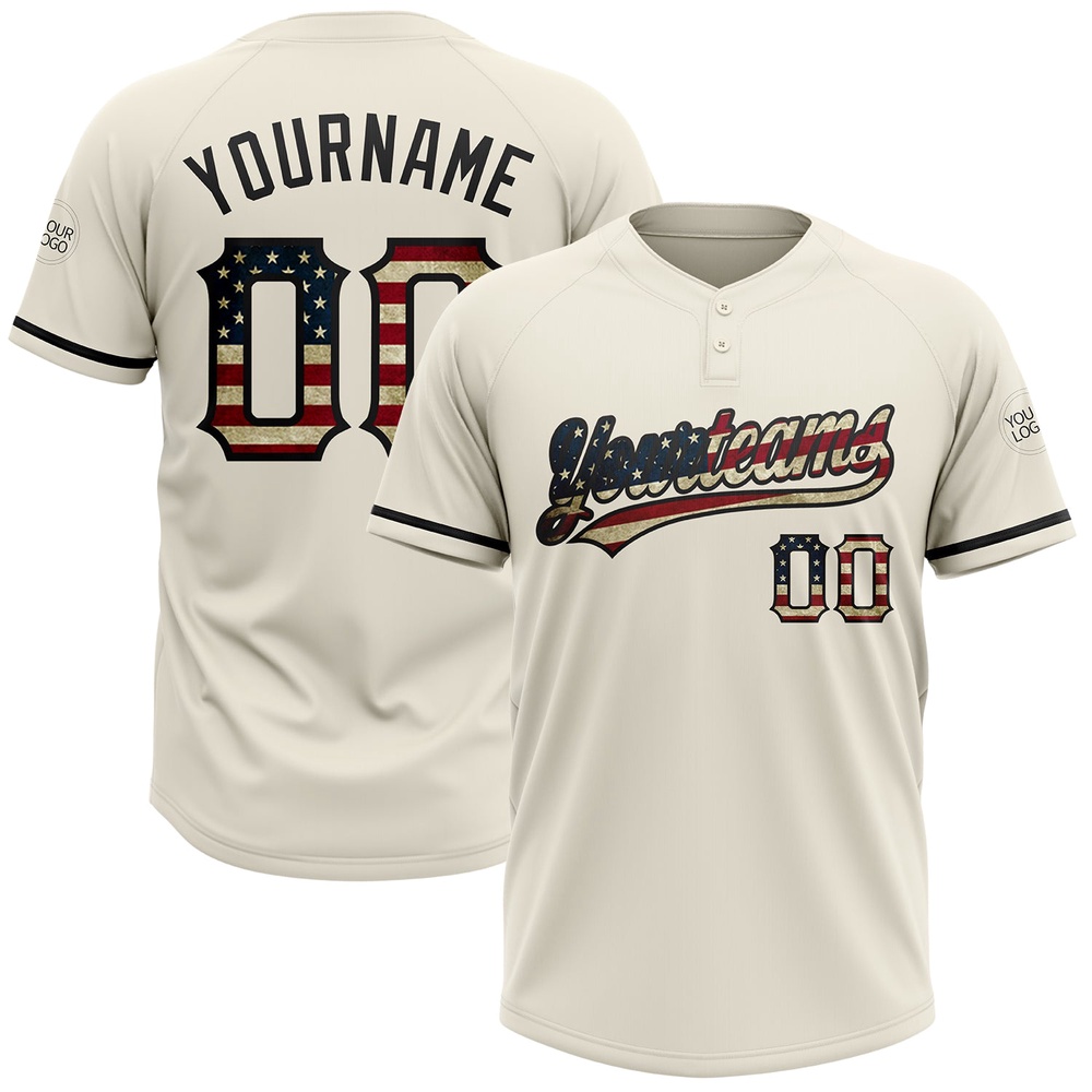 Cream Vintage USA Flag Black Two Button Unisex Softball Jersey, Custom Team Softball Jersey Cream Vintage USA Flag Black Two Button Unisex Softball Jersey, Custom Team Softball Jersey
