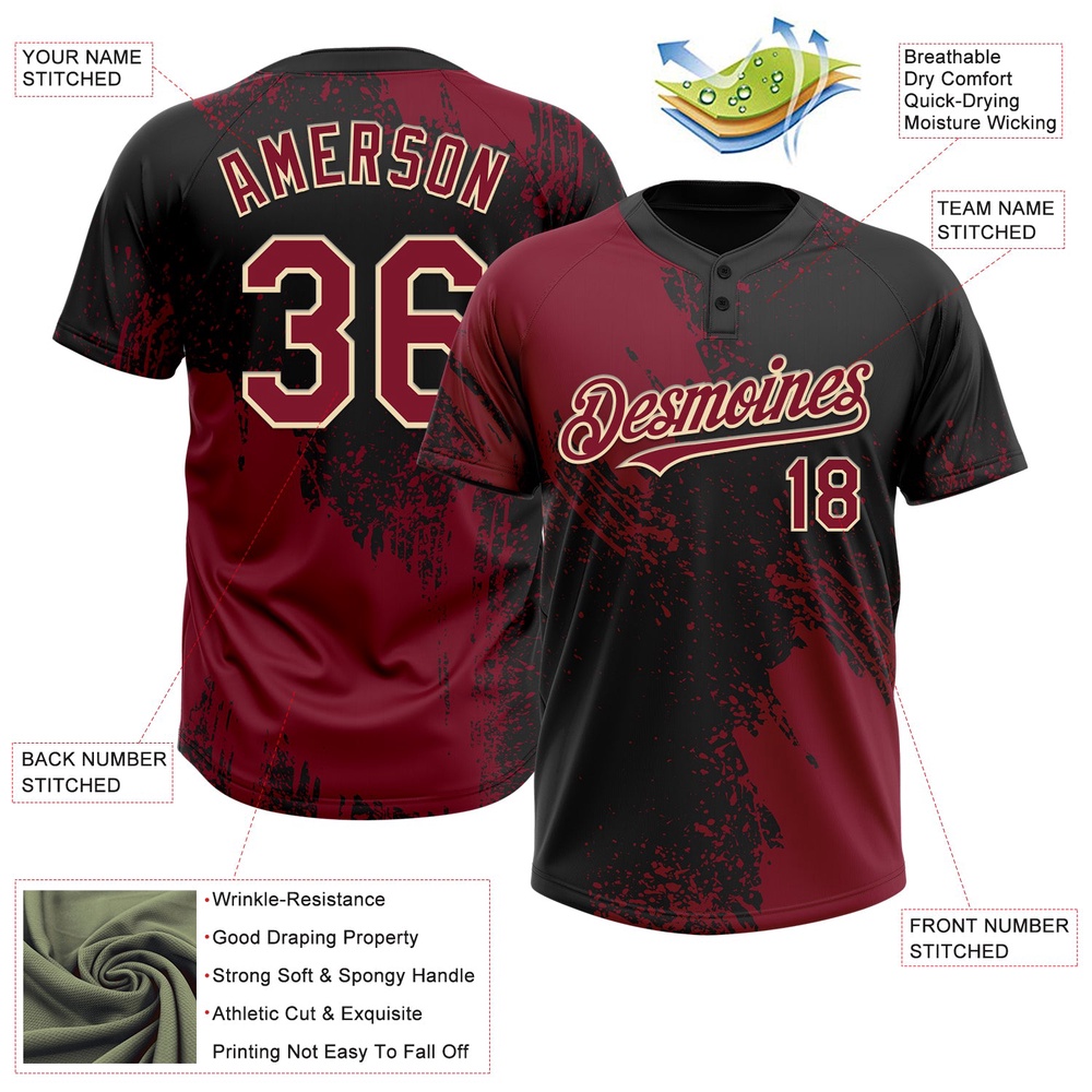 Crimson Black Cream 3D Pattern Abstract Brush Stroke Two Button Unisex Softball Jersey, Custom Team Softball Jersey Crimson Black Cream 3D Pattern Abstract Brush Stroke Two Button Unisex Softball Jersey, Custom Team Softball Jersey