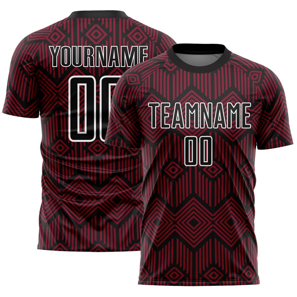 Crimson Black White Abstract Geometric Shapes Sublimation Soccer Uniform Jersey, Custom Team Soccer Jersey Shirt Crimson Black White Abstract Geometric Shapes Sublimation Soccer Uniform Jersey, Custom Team Soccer Jersey Shirt