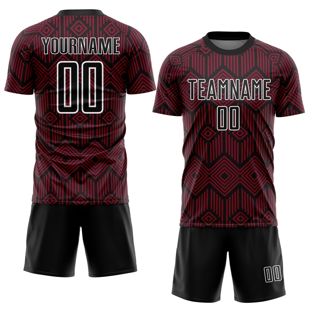 Crimson Black White Abstract Geometric Shapes Sublimation Soccer Uniform Jersey, Custom Team Soccer Jersey Shirt Crimson Black White Abstract Geometric Shapes Sublimation Soccer Uniform Jersey, Custom Team Soccer Jersey Shirt