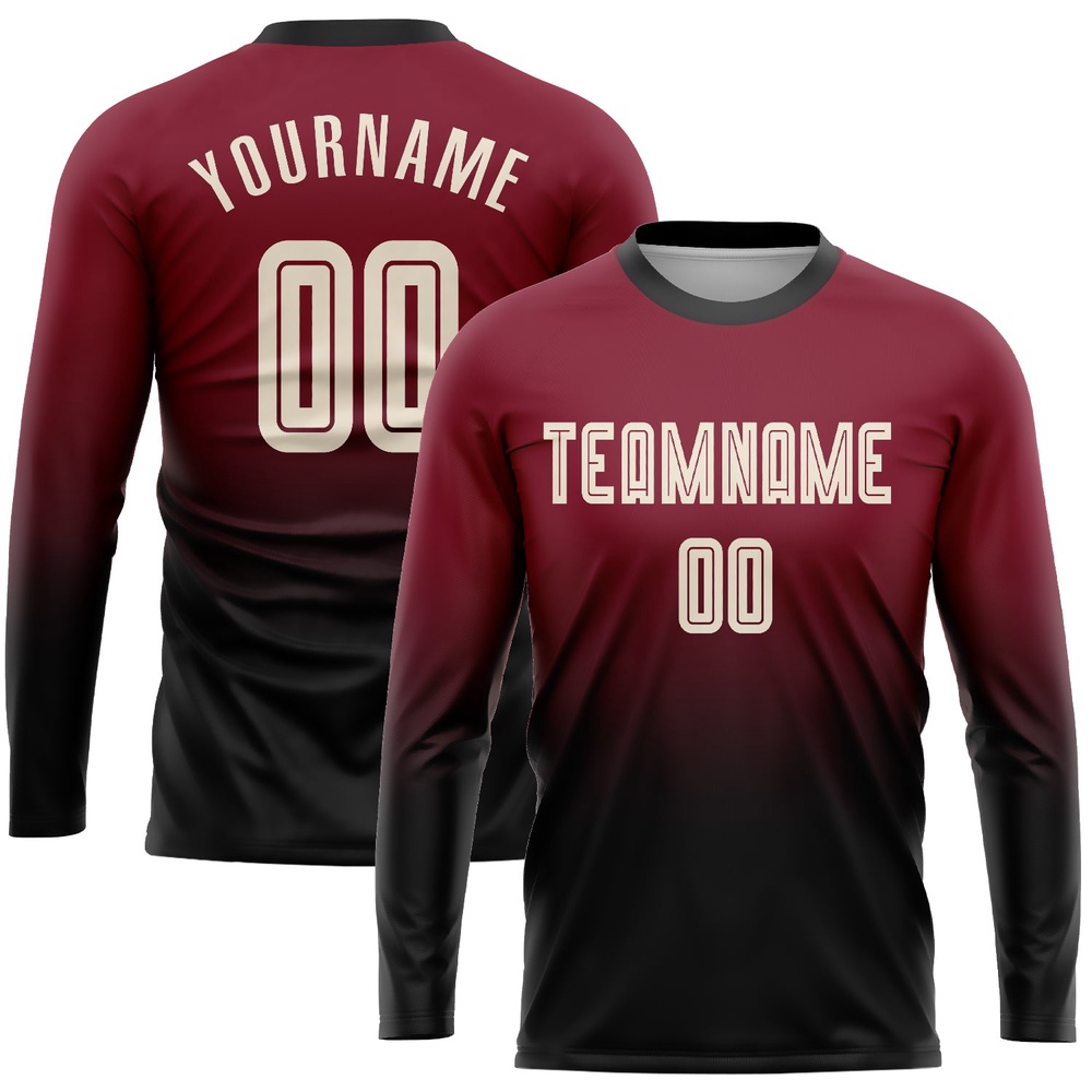 Crimson Cream Black Sublimation Long Sleeve Fade Fashion Soccer Uniform Jersey, Custom Team Soccer Jersey Shirt