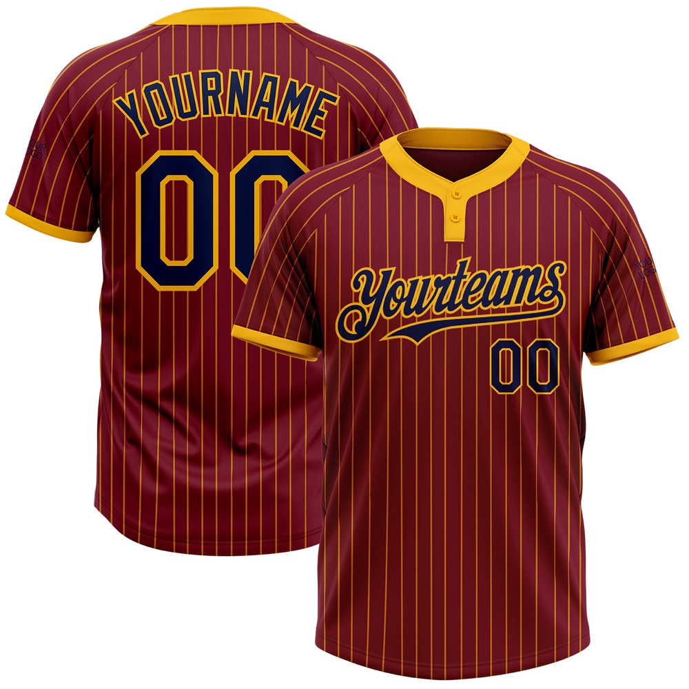 Crimson Gold Pinstripe Navy Two Button Unisex Softball Jersey, Custom Team Softball Jersey