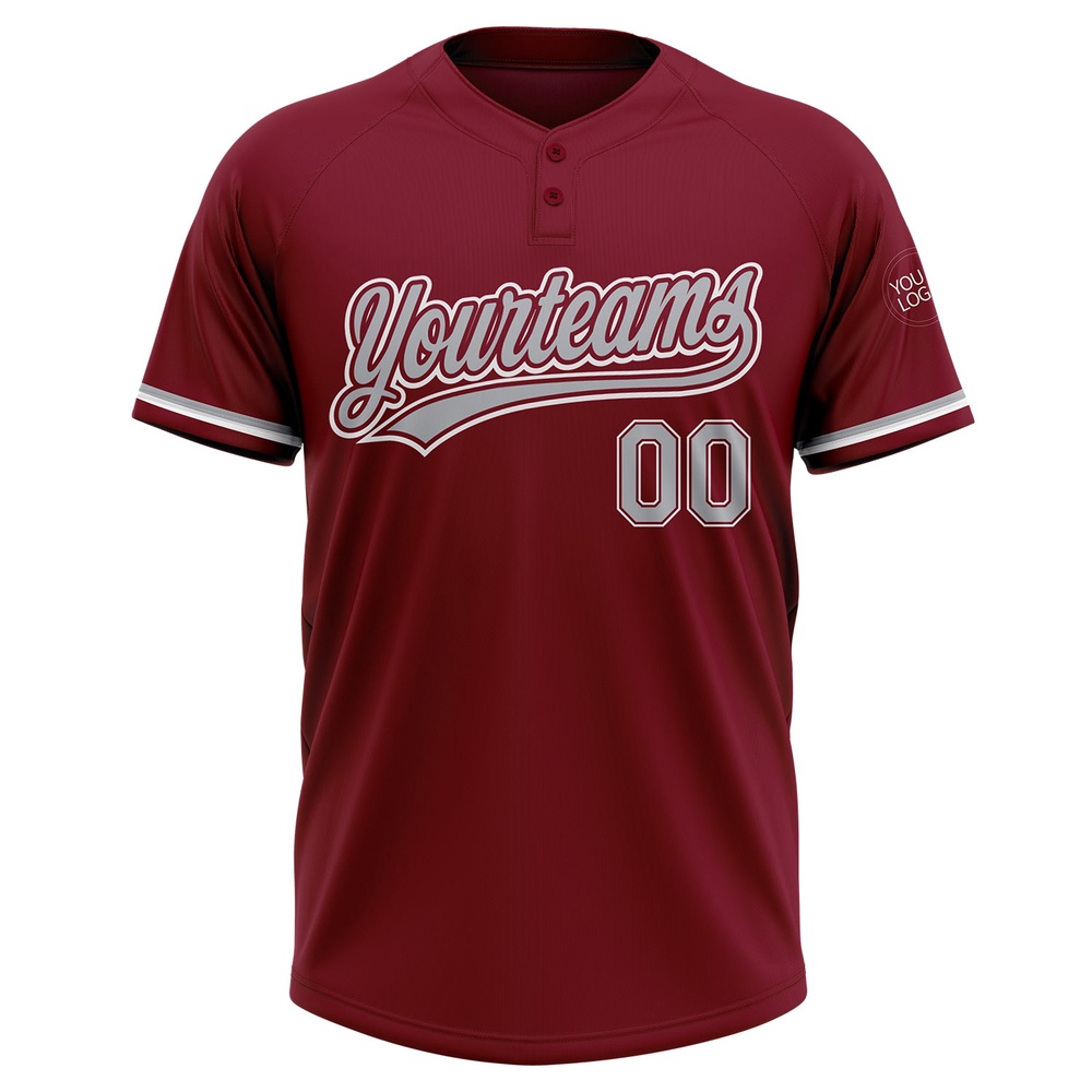Crimson Gray White Two Button Unisex Softball Jersey, Custom Team Softball Jersey