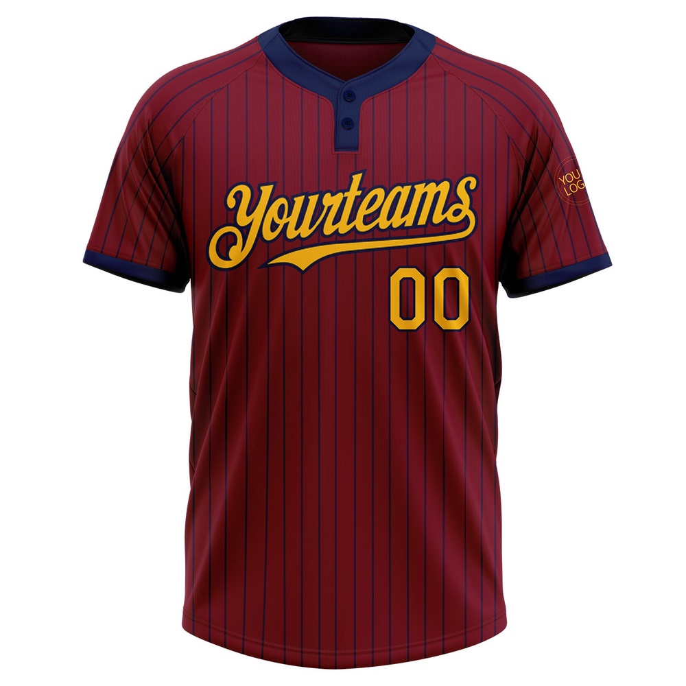 Crimson Navy Pinstripe Gold Two Button Unisex Softball Jersey, Custom Team Softball Jersey