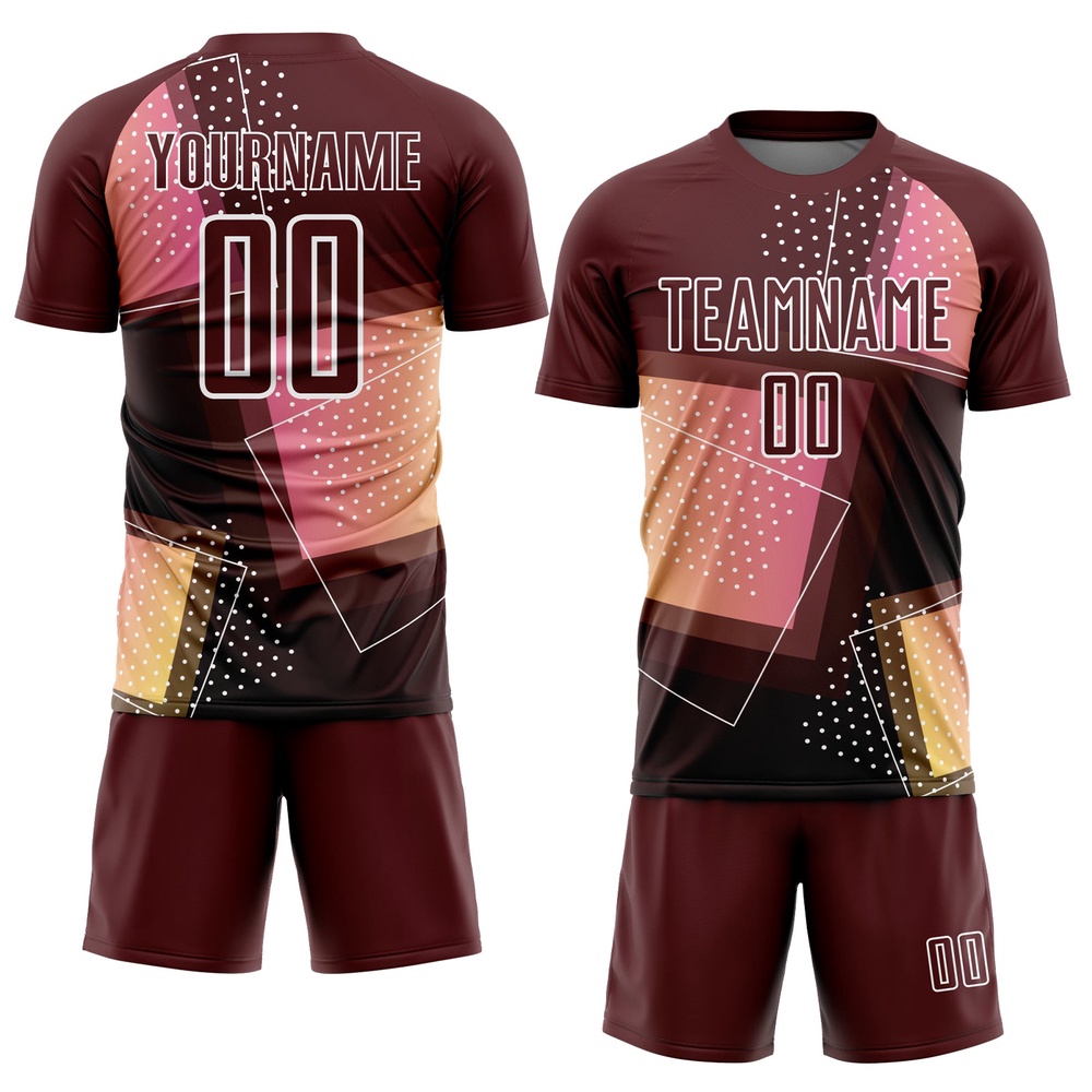 Crimson White Geometric Shapes Sublimation Soccer Uniform Jersey, Custom Team Soccer Jersey Shirt