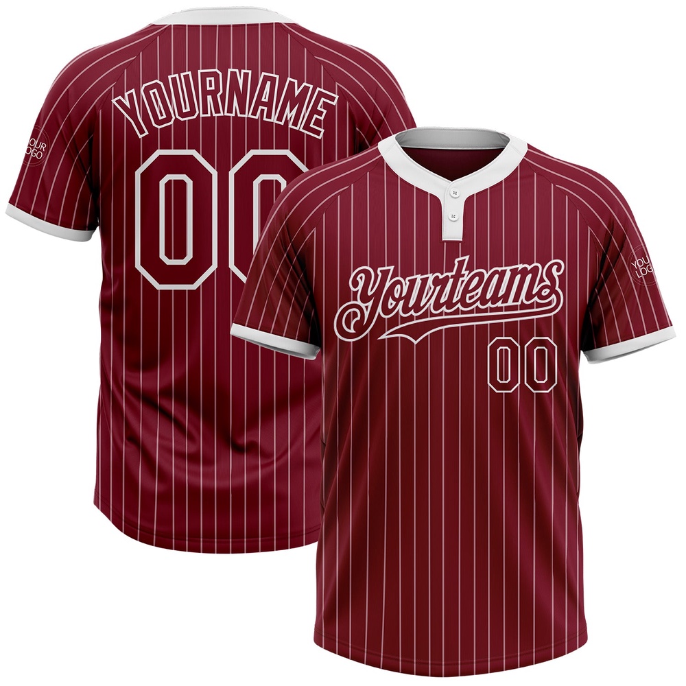 Crimson White Pinstripe White Two Button Unisex Softball Jersey, Custom Team Softball Jersey