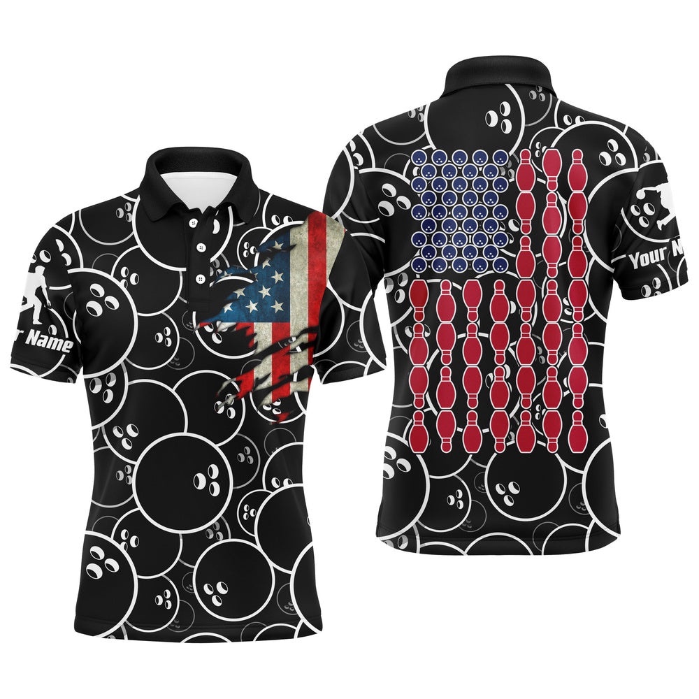 Custom American Flag Men Polo Bowling Shirt Black Usa Bowling Short Sleeve Polo Men Bowlers, Personalized Bowling Team Shirt Custom American Flag Men Polo Bowling Shirt Black Usa Bowling Short Sleeve Polo Men Bowlers, Personalized Bowling Team Shirt