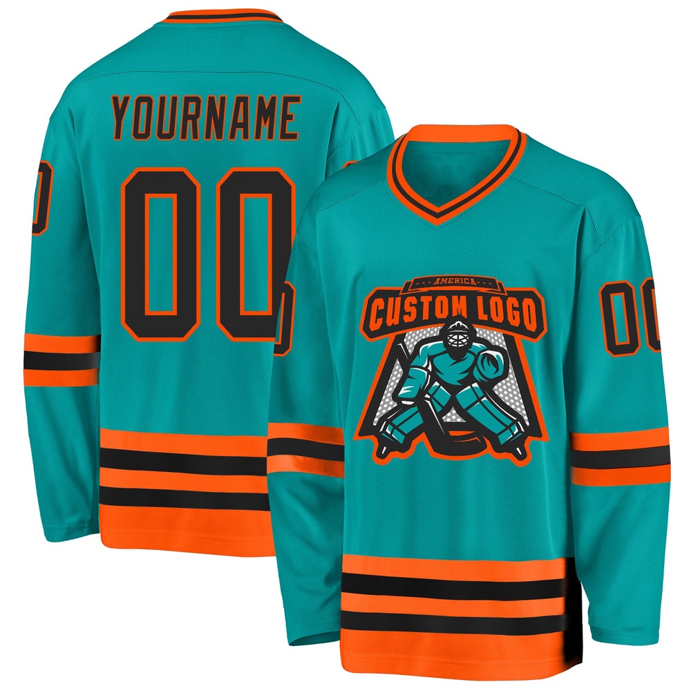 Custom Aqua Black Orange Hockey Jersey, New Hockey Jersey, Personali Sport Team Jersey Shirt