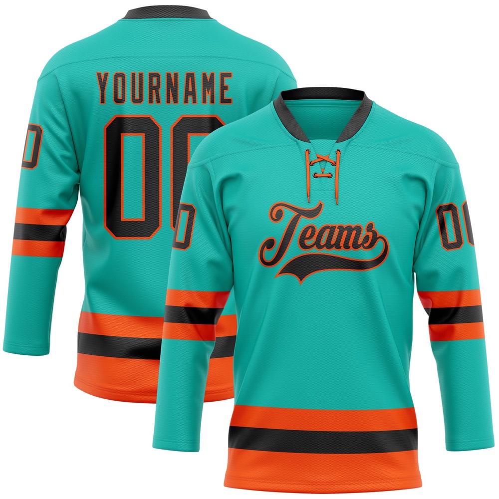 Custom Aqua Black Orange Hockey Lace Neck Jersey, New Hockey Jersey, Personali Sport Team Jersey Shirt