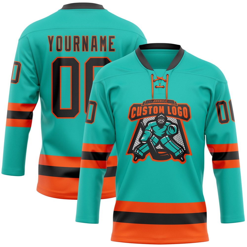 Custom Aqua Black Orange Hockey Lace Neck Jersey, New Hockey Jersey, Personali Sport Team Jersey Shirt