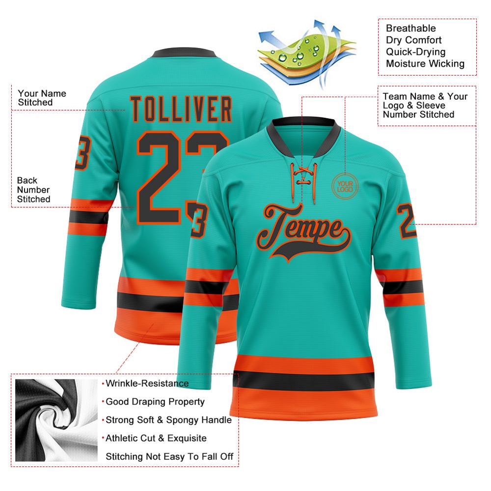 Custom Aqua Black Orange Hockey Lace Neck Jersey, New Hockey Jersey, Personali Sport Team Jersey Shirt