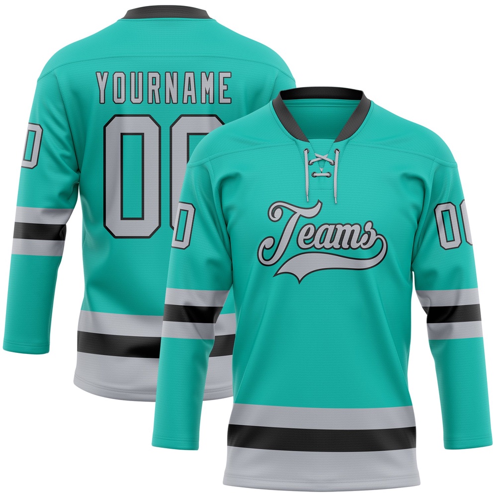 Custom Aqua Gray Black Hockey Lace Neck Jersey, New Hockey Jersey, Personali Sport Team Jersey Shirt