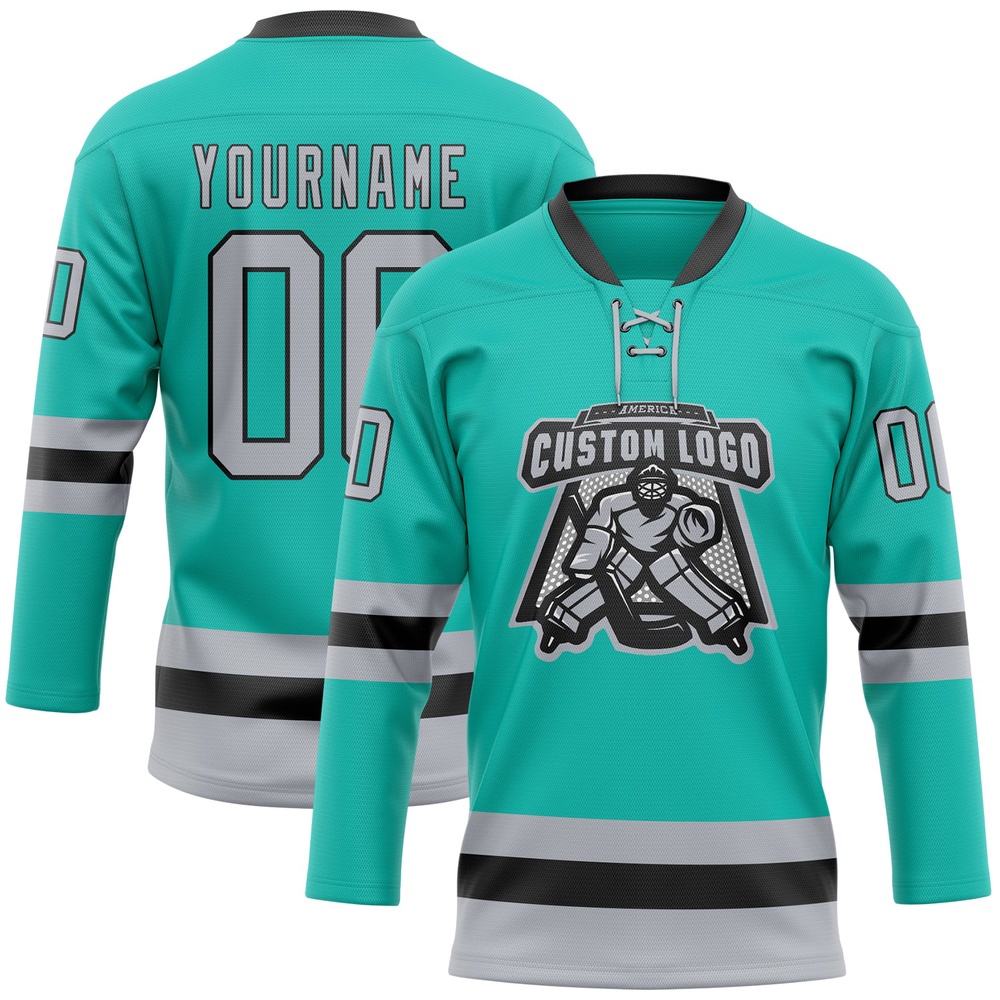Custom Aqua Gray Black Hockey Lace Neck Jersey, New Hockey Jersey, Personali Sport Team Jersey Shirt