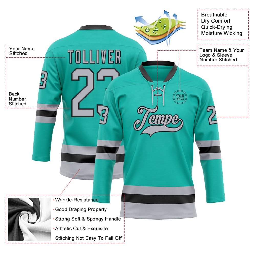 Custom Aqua Gray Black Hockey Lace Neck Jersey, New Hockey Jersey, Personali Sport Team Jersey Shirt