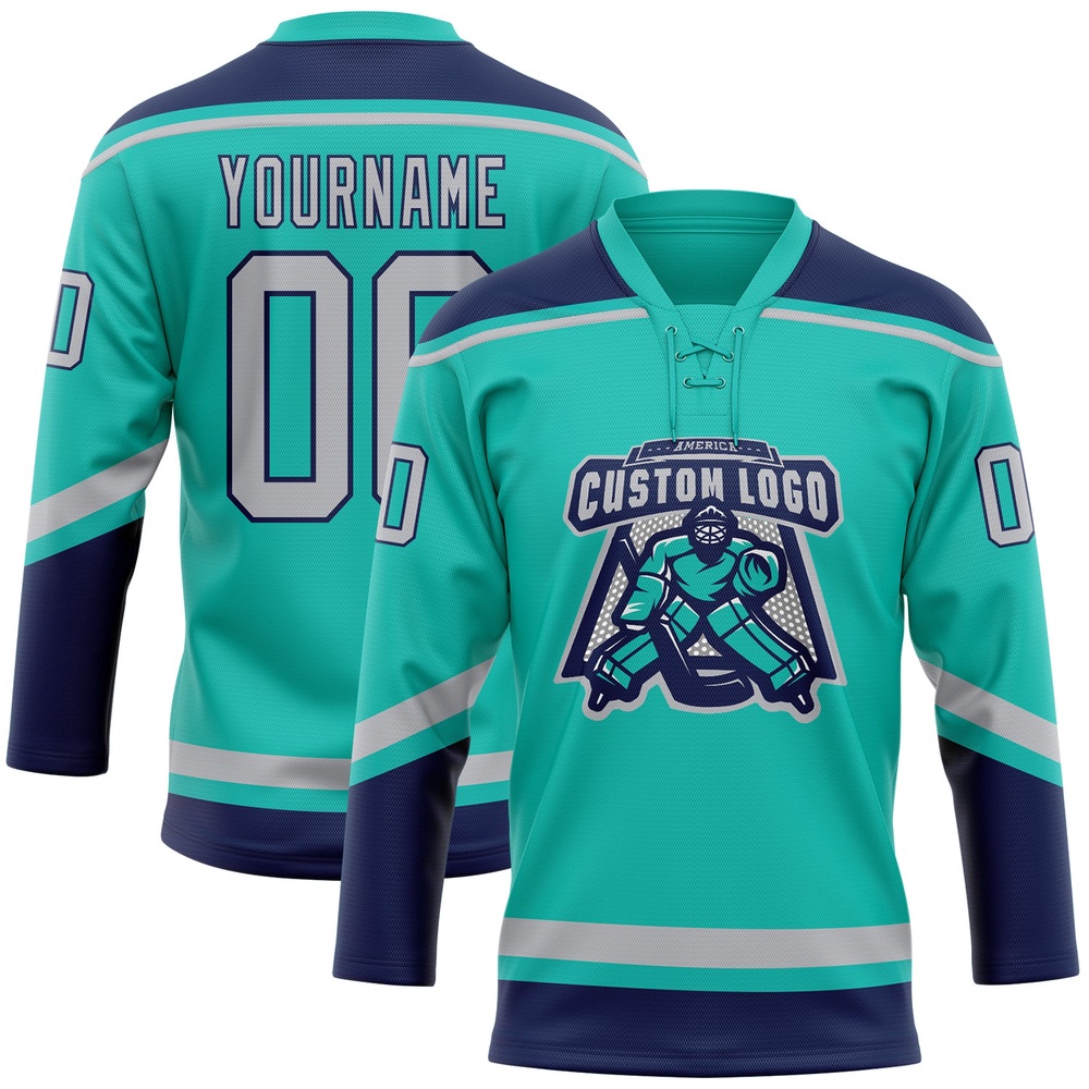 Custom Aqua Gray Navy Hockey Lace Neck Jersey, New Hockey Jersey, Personali Sport Team Jersey Shirt