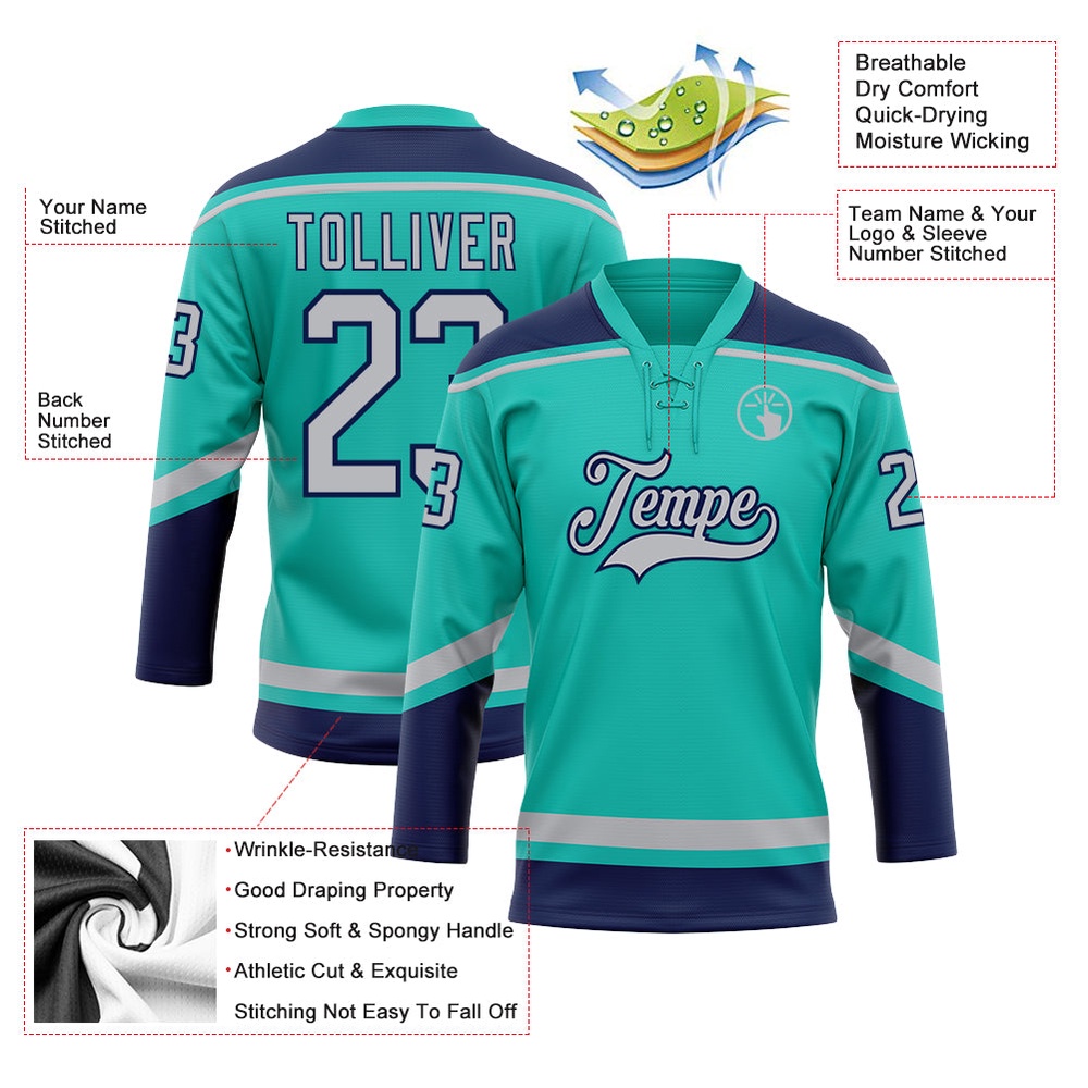 Custom Aqua Gray Navy Hockey Lace Neck Jersey, New Hockey Jersey, Personali Sport Team Jersey Shirt