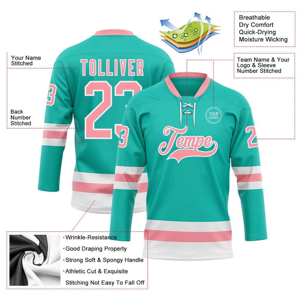 Custom Aqua Medium Pink White Hockey Lace Neck Jersey, New Hockey Jersey, Personali Sport Team Jersey Shirt