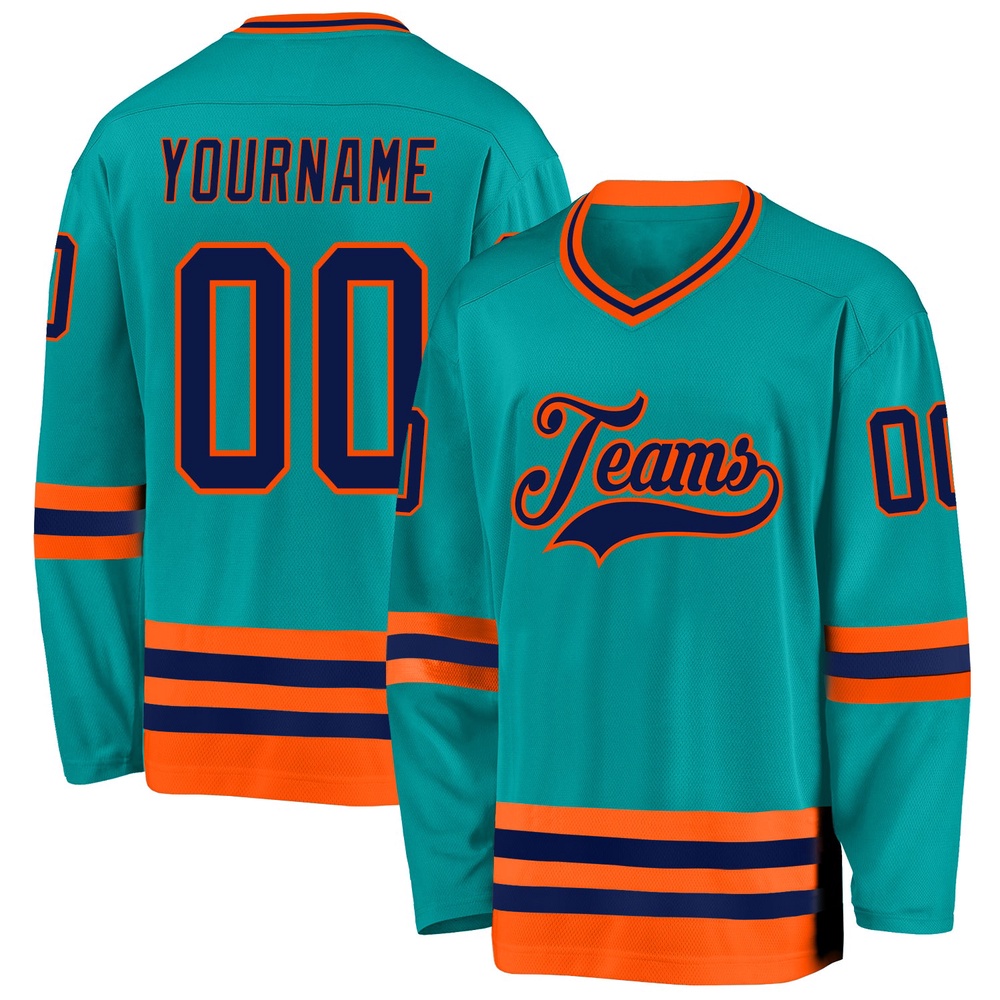 Custom Aqua Navy Orange Hockey Jersey, New Hockey Jersey, Personali Sport Team Jersey Shirt Custom Aqua Navy Orange Hockey Jersey, New Hockey Jersey, Personali Sport Team Jersey Shirt