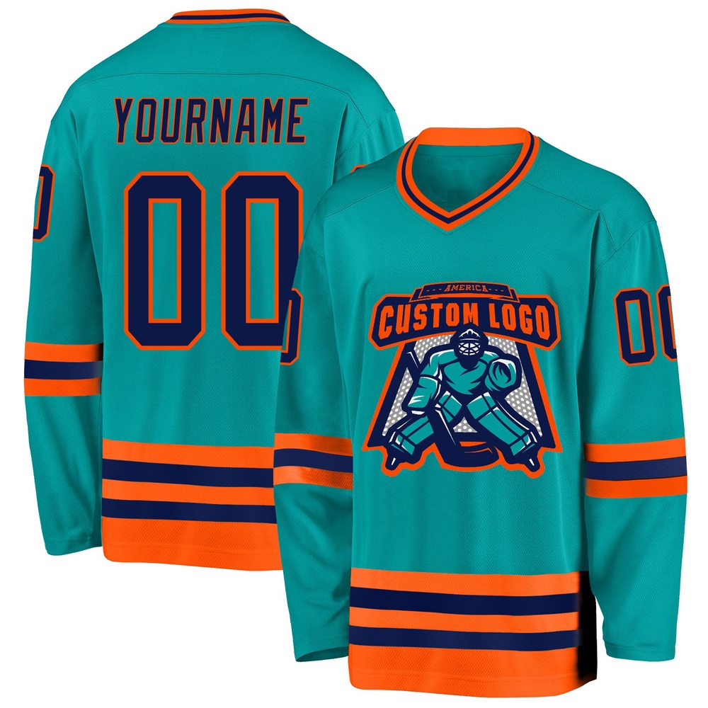 Custom Aqua Navy Orange Hockey Jersey, New Hockey Jersey, Personali Sport Team Jersey Shirt Custom Aqua Navy Orange Hockey Jersey, New Hockey Jersey, Personali Sport Team Jersey Shirt