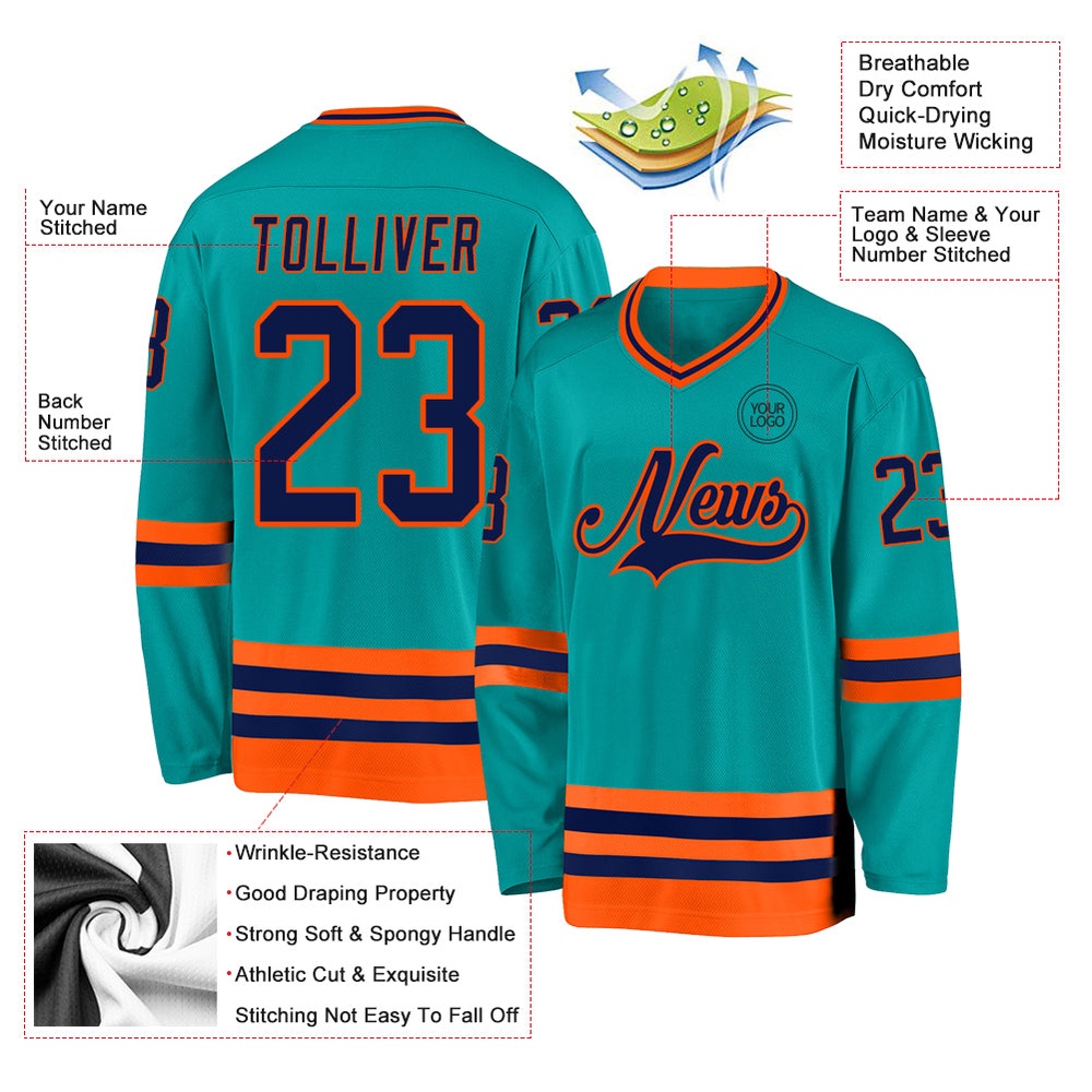 Custom Aqua Navy Orange Hockey Jersey, New Hockey Jersey, Personali Sport Team Jersey Shirt Custom Aqua Navy Orange Hockey Jersey, New Hockey Jersey, Personali Sport Team Jersey Shirt